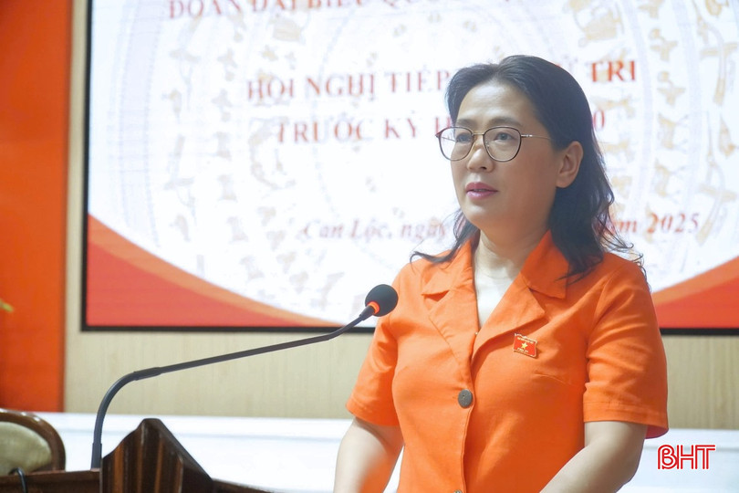 Bà Phan Thị Nguyệt Thu - Chánh án Tòa án nhân dân tỉnh báo cáo một số nội dung tại buổi tiếp xúc.